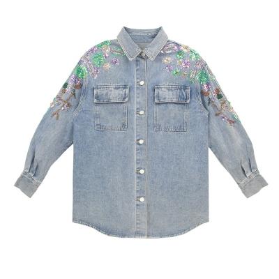 China Hand Beaded UP Garment Shirts Mens Graphic Pocket Jacket Streetwear Unisex Embroidery Beading Hip Hop Jean Shirts Denim Custom Made Washed Shirts for sale