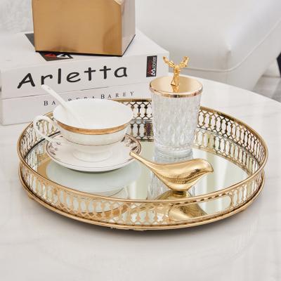 China Luxury Wholesale Gold Minimalist Glass Mirror Tray With Rectangular Metal Frame Wedding Holiday Jewelry Storage Display Tray for sale