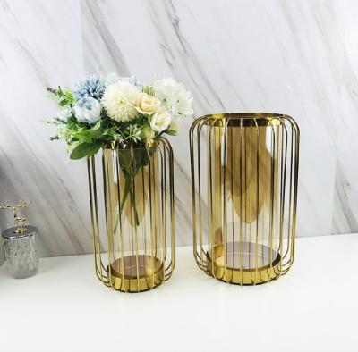 China Metal Modern Minimalist Creative Luxury Home Gold Frame Decoration Flower Arrangement Light Glass Vase for sale