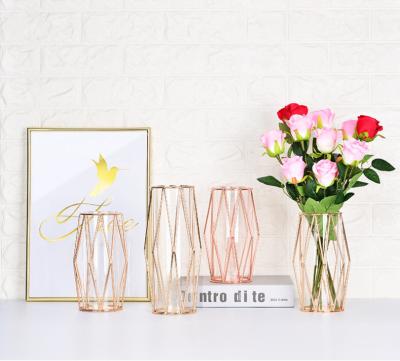 China Minimalist 2121 Hot Iron Wrought Creative Nordic Vase Minimalist 2121 Amazon Selling Simple Transparent Rose Gold Rhombus Glass Vase for sale