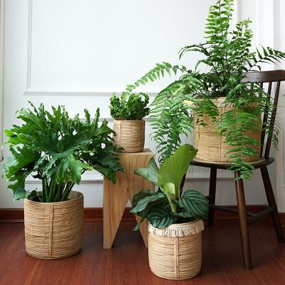 China Modern Nordic vintage living room rattan minimalist imitation wicker small vase rustic woven concrete flower pot for sale