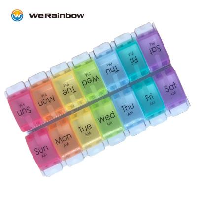 China Easy open pill boxes hot sales large capacity push button medicine box pill case ampm 7 day pill box for sale