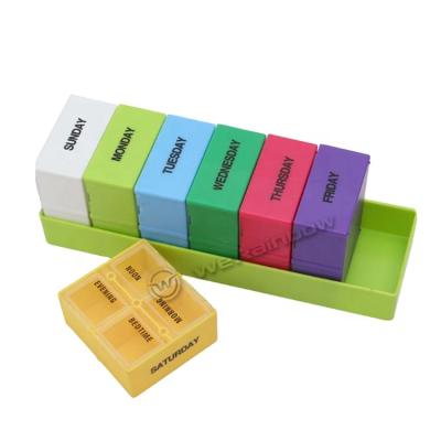 China Viable New Design Weekly Storage Pill Case Colorful 7 Day Medicine Box Pill Box for sale