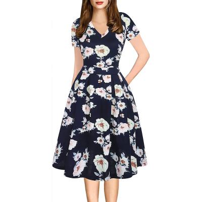 China Breathable Women's Vintage Elegant Floral V-Neck Casual Cocktail Party Swing Dresses Knee-Length Dress with Pockets for sale