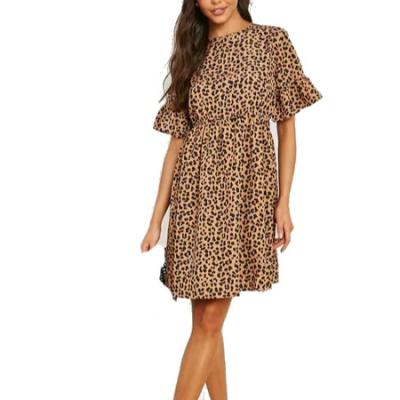 China Breathable Leopard print mini party dress trumpet short sleeve O neck MIDI skirt summer women's elegant casual dress for sale