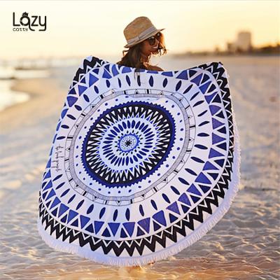 China Compressed Custom Design Round Pattern Beach Microfiber Towel With Tassels Around Beach Towel for sale