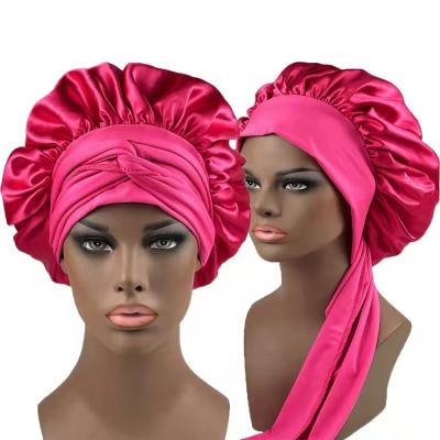 China Long Tail Soft Satin Soft Sleep Cap Silk Tie Headwrap Hats For Women for sale