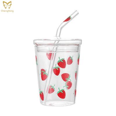 China Restaurants Appliances Strawberry Decal Drinking Glass with Straw and Lid, Juice Drinking Glass, Beverage Glass Mug for sale