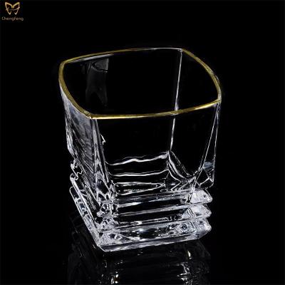 China Restaurant and household appliance square whiskey glass, hand-painting set crystal gold rimmed glass wine glass for sale