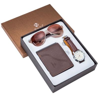 China Fashion Men's Quartz Watch and Sunglasses Wallet Set Wristwatch Men's Business Watch Leather Gift Box 3pcs for sale