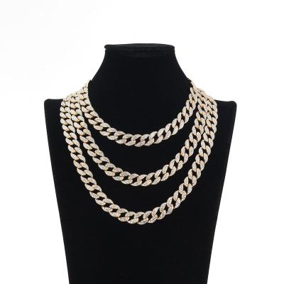 China Hiphop 15mm Gold Plated Necklace Rhinestone Hip Hop Style Cuban Chain Necklace For Men for sale