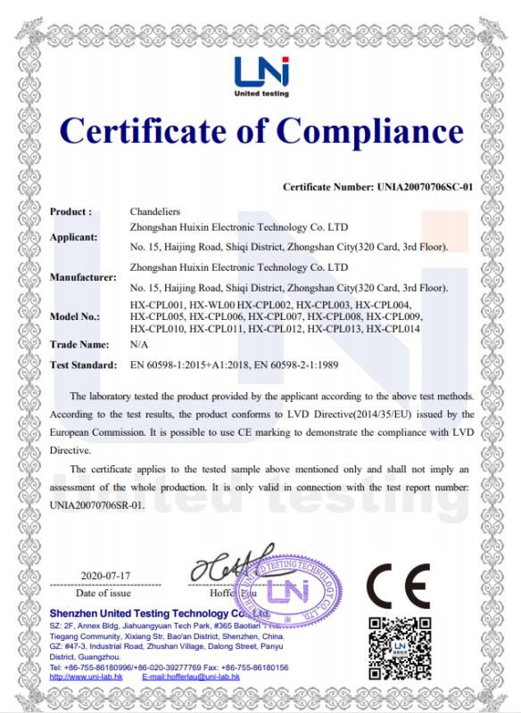 CE - Zhongshan Huixin Electronic Technology Co., Ltd.