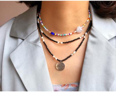 China BOHEMIA the latest fashion layer necklace rice pendant necklace short doble bead Bohemian short doble pendant necklace jewelry for sale