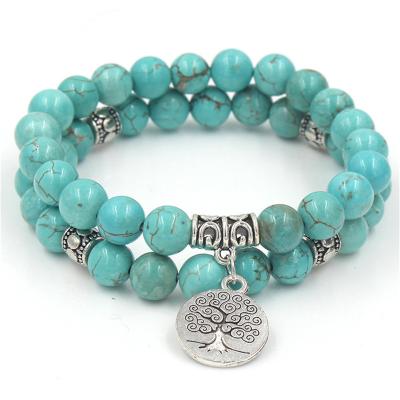 China TRENDY Turquoise Stone Beaded Hand Made Bracelet Life Tree Pendant Bracelet For Women Men for sale