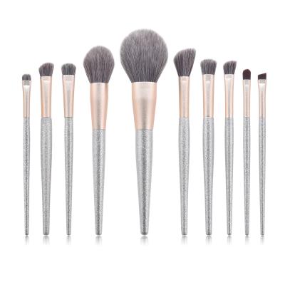 China Angular Blush Makeup 10pcs Factory Loose Powder Brush Blush Eyebrow Brushes Silver Plastic Handle Makeup Brushes for sale