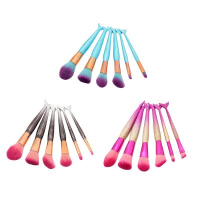 China Angular Blush 6pcs Mermaid Fishtail Handle Large Loose Powder Beauty Tools Accentuate Eyeshadow Make Up Brushes for sale