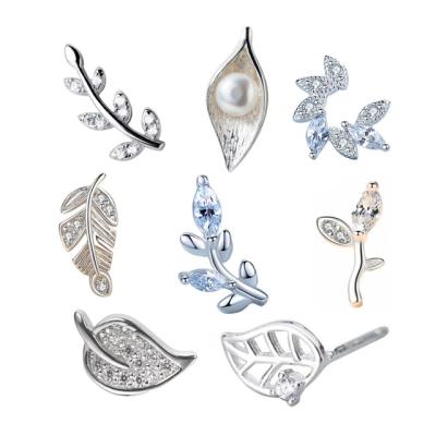 China TRENDY 925 Silver hot sale fashion and cute white crystal rhinestone leaf shape stud earrings women for sale