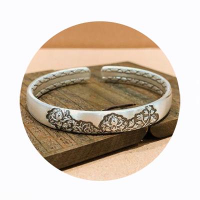 China Vintage 100% Pure Silver Chinese Style Vintage Lotus Adjustable Bracelet Bangle 999 for sale