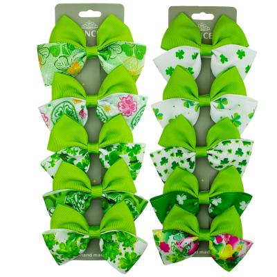 China Beautiful HC-404 3.7 Inch Grosgrain Ribbon Bow 2-Layer Shamrock Printed Handmade Hair Clips For Girls for sale