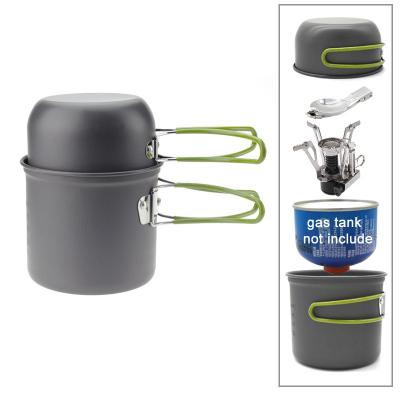 China Durable Outdoor Aluminum Alloy Pot Raising Picnic Tourist Cookware Set With Folding Spoon Mini Gas Stove for sale