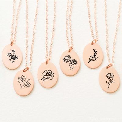 China TRENDY Oval Charms Laser Engrave Flower Theme For Dangle Necklace Women Gift Stainless Steel 14K Gold Plated Choker Necklace for sale