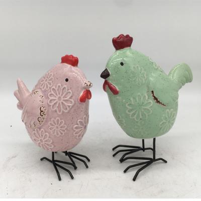 China Easter ceramic rooster home decoration new design with metal leg for home or garden decoration for sale