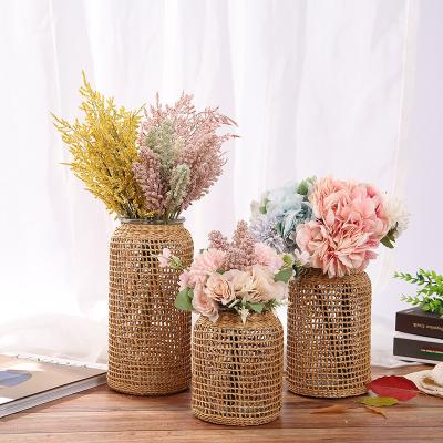 China Central Statistical Modern Nordic Handmade Straw Woven Vase Large Mouth Vase Home Glass Hydroponic Decoration for sale