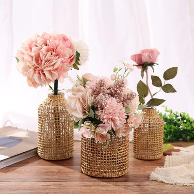 China New Classical/Postmodern Creative Hot Sales Flower Vase Glass Flower Pot With Rattan Stand for sale