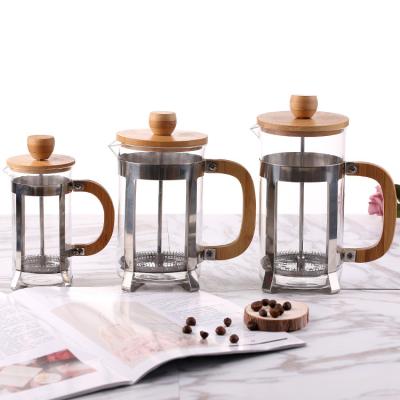 China Viable Single Borosilicate Bamboo Cap French Press Coffee Maker Glass Teapot Set for sale