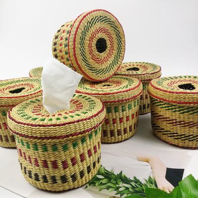 China Best Selling Traditional Handmade Colorful Plant Plankton Round Rattan Tissue Box Lid Tissue Holder For Decor for sale