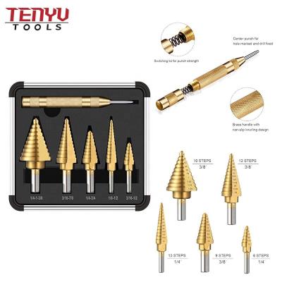 China Jiangsu 6PCS Nonferrous Metal Hex Shank HSS Tungsten Carbide Titanium Coated Spiral Inch Stepped Drill Bit Set for sale