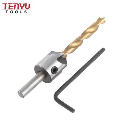 China Tin-Coated Cylindrical Wood Drilling Shank 5 Flute Countersink With Hex Countersink Head Adjustable Wood Drill Bits For Wood Screw for sale