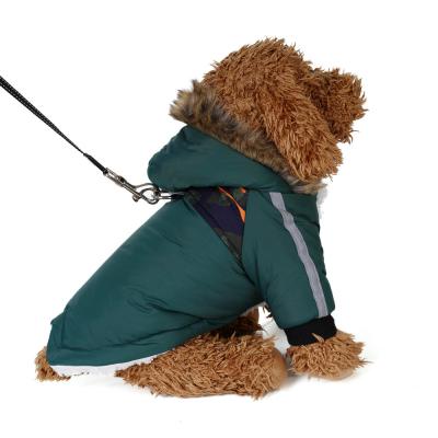 China Warm Tow Rope Reflective Strip Pet Coat Winter Dog Clothing Hoodie Two Legs Viable Plush Jacket Coat for sale