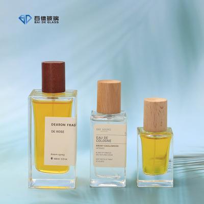 China Cosmetic BAIDE In stock custom acceptable luxury empty 30ml 50ml 100ml square glass perfume bottles with wood lid for sale