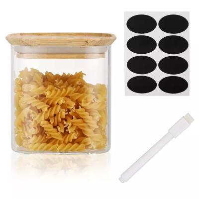 China Food Empilable Square Shape  Borosilicate Food Grade 16oz 500ml Glass Storage Container Jars with Bamboo Lids for sale