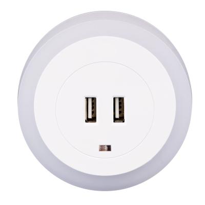 China Modern Round Led Night Light With USB Charging 2ports Auto On/Off Total 2.4A Output Night Light for sale