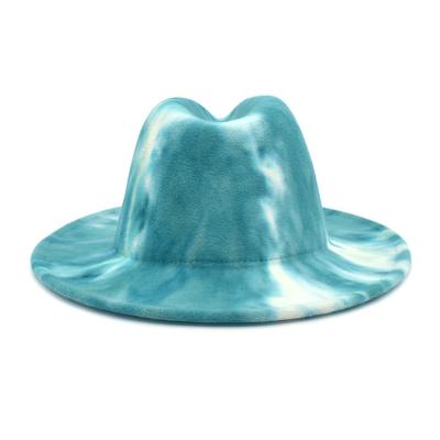 China New Double-Sided Wide Brim Tie-Dyed Wool Fedora Hat Wide Brim Fedora Hat Jazz Wool Men Plush Fedora Hat for sale