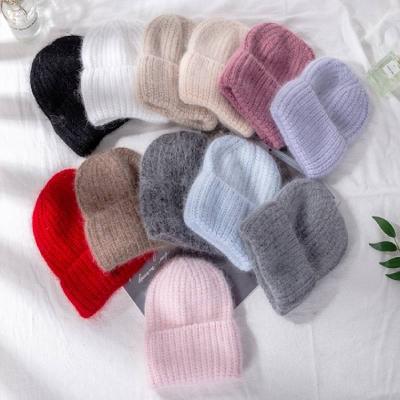 China COMMON Women Knitted Fuzzy Hat Winter Warm Fuzzy Beanies Rabbit Fur Blend Winter Hats for sale