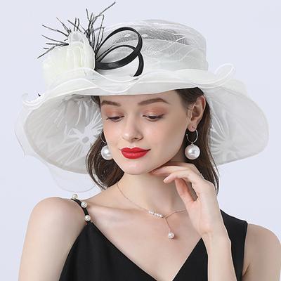 China Vintage Black White Striped Lady Royal Floral Spring Mesh Organza Wide Brim Hat Church Hats For Women for sale