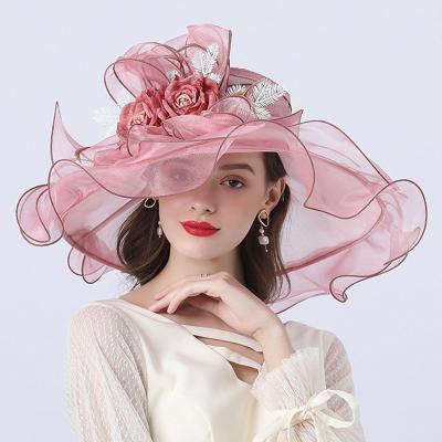 China New Style Striped Mesh Sunshade Organza Flower Pot Hat With Large Brim Foldable Beach Sun Hat for sale