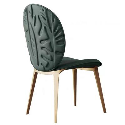 China High End Home and Commercial Dining Chairs Postmodern Luxury Stainless Steel Frame Arc Shape Round Back Leather with Embossed Leaf Art Design for sale