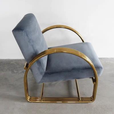 China Luxury Modern Velvet Gold Arm Stainless Steel Crate & Barrel Chair Blue Side View Armchair For Living Room Lounge for sale