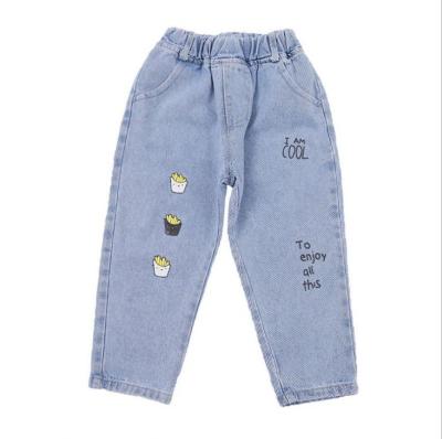 China New Viable Girl's Pants Cartoon Jeans Casual Blue Belt Chips Jeans Trousers Rubber Band Mid Waist for sale