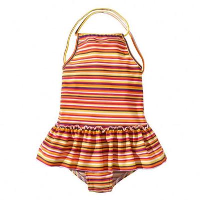 China Little Girls Breathable Sleeveless Striped Swimming Dress Style Children Suit One Piece Pleated To Border Swimwear for sale