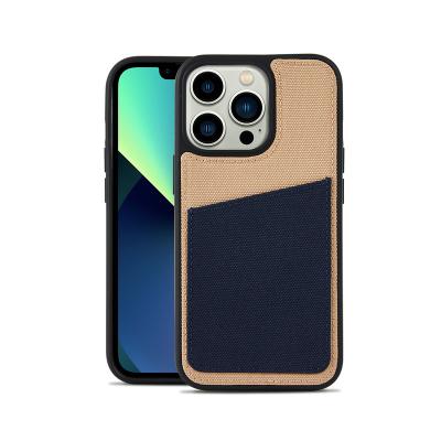 China Shockproof Handmade Leather Card Phone Case for iPhone 12 pro, Fabric with Card Clip for iPhone 13 Case Slim and Light Back Cover for sale