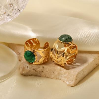 China New Ins Design Stainless Steel Casual/Sporty Rings 18K Gold Plated Round Turquoise Green Rings Leaf Pierced Open Rings for sale