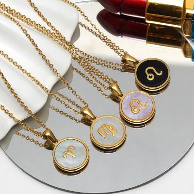 China Europe and America 18K Gold Plated Necklaces White Rose Jewelry Shell Black Round Pendant Necklace Titanium Steel Zodiac Necklace for sale