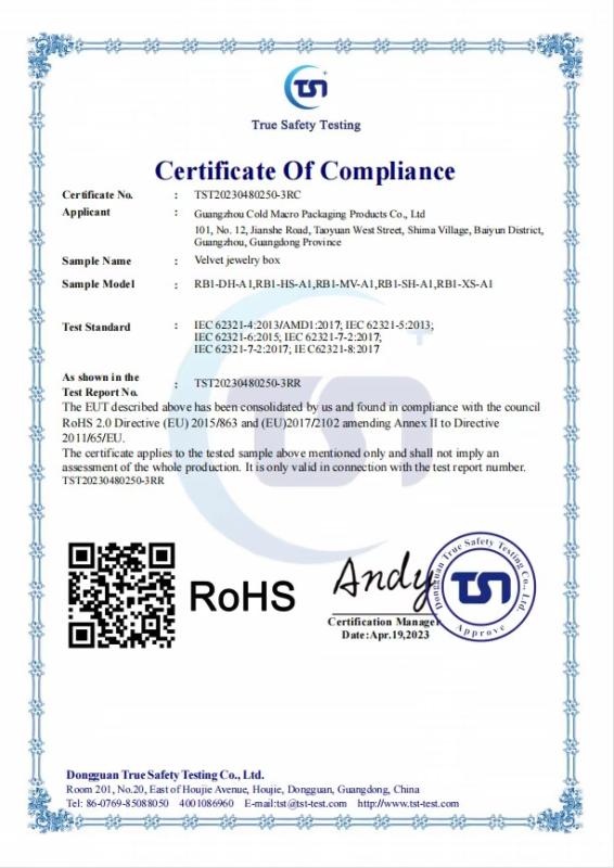 Certificate of Compliance (RoHS 2.0 Directive) - Guangzhou Cold Macro Packing Products Co., Ltd.