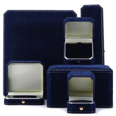 China Handmade Rectangle Dark Blue Velvet Jewelry Box for Custom Luxury Bracelet Ring Set for sale