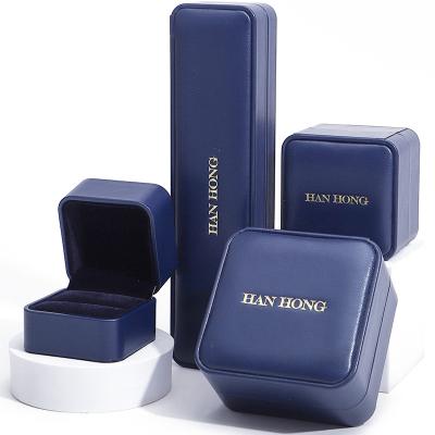 China Dark Blue Round Corner PU Leather Jewelry Set Box Upscale Jewelry Packaging Box OEM for sale